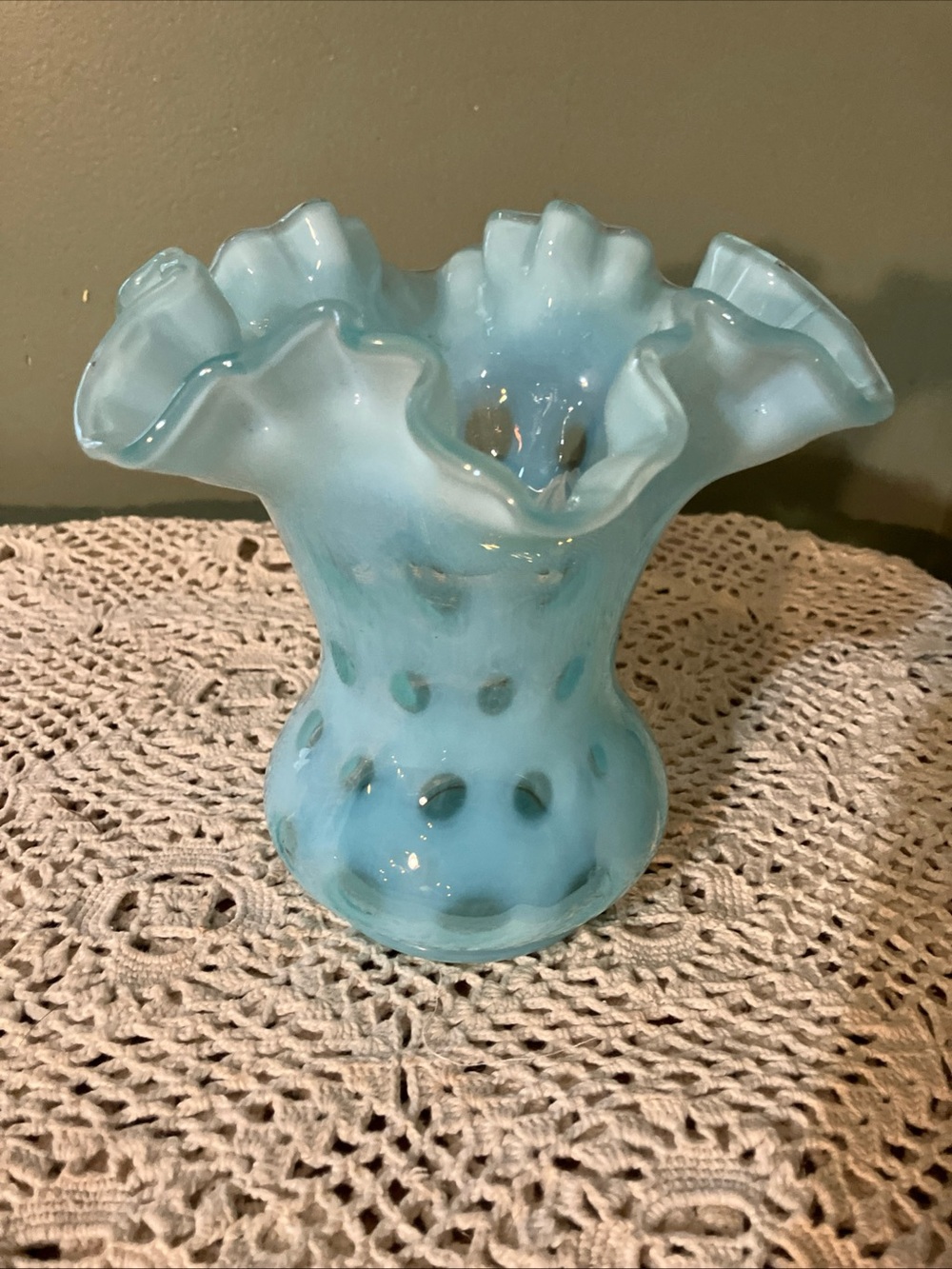 Fenton Blue Opalescent Coin Dot Vase Ruffled Edge cut to clear, 6 Inch Tall